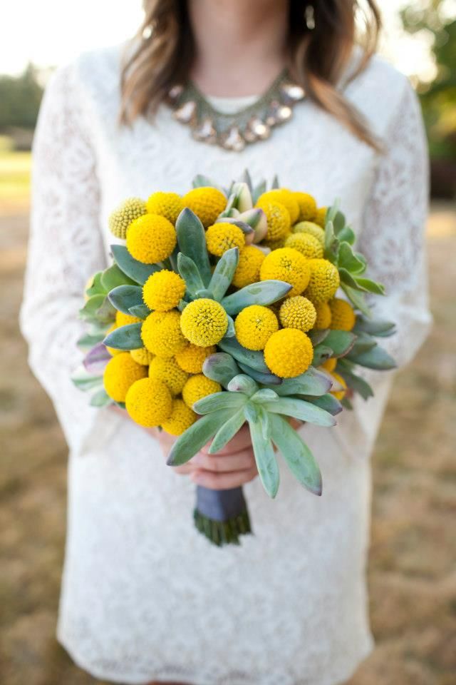rustic wedding bouquet with yellow billy balls and succulents