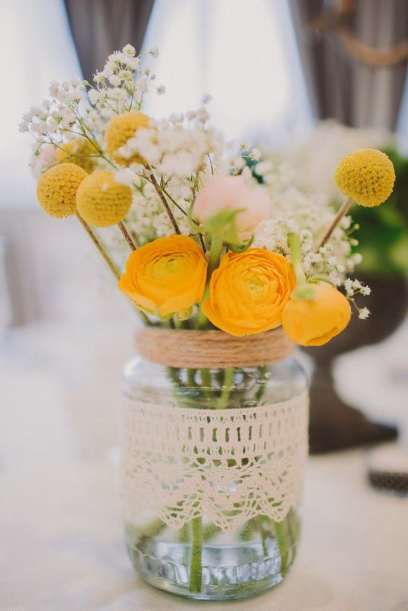 rustic wedding ideas-billy balls baby's breath and ranunculus in mason jar wedding centerpiece