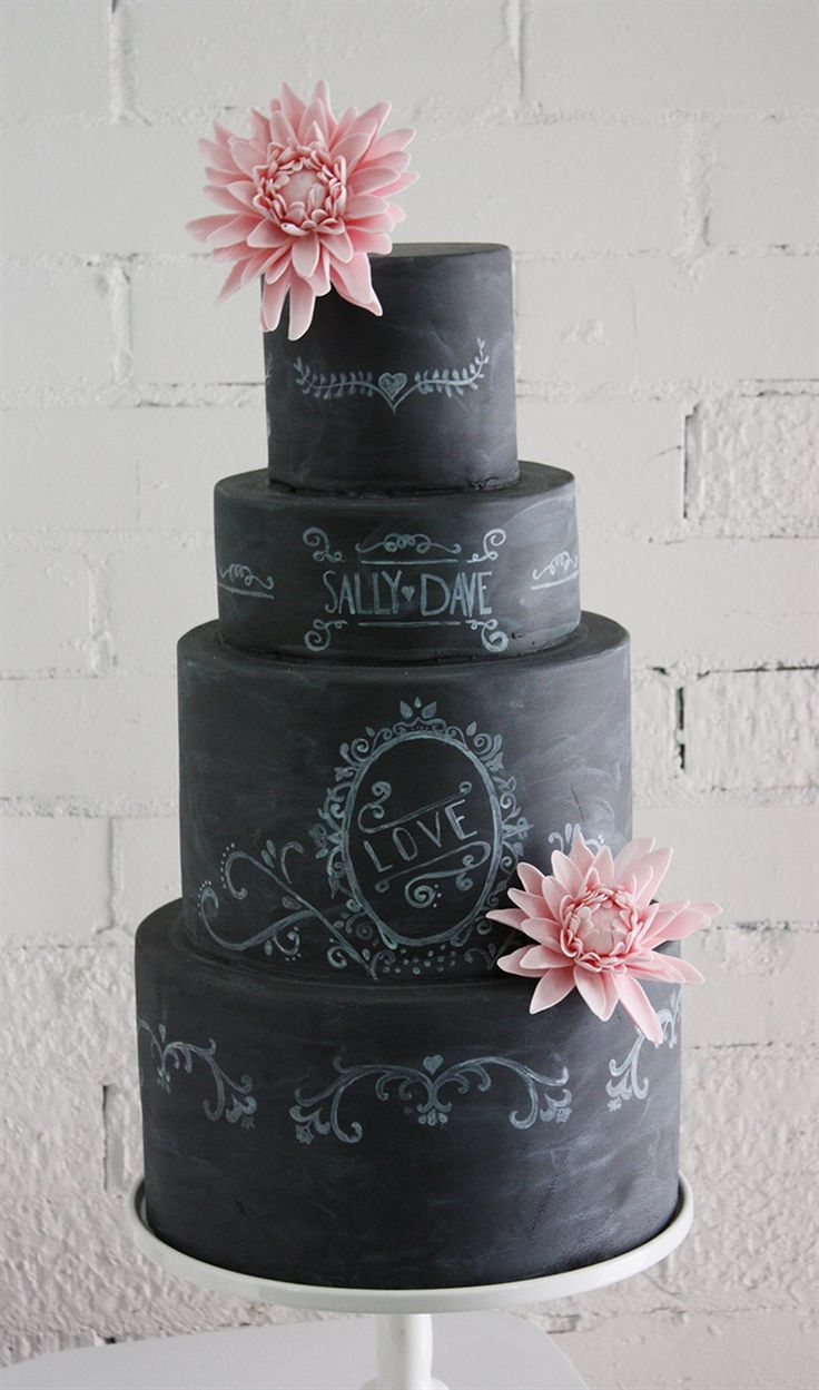 rustic wedding ideas-black chalkboard wedding cake with pink flowers