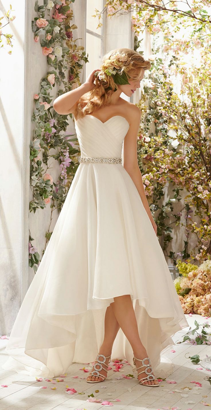 simple high-low chiffon wedding dress with brooch beaded belt