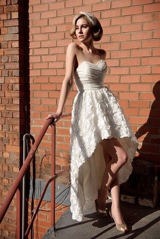strapless sweetheart hi-low wedding dress with floral pattern