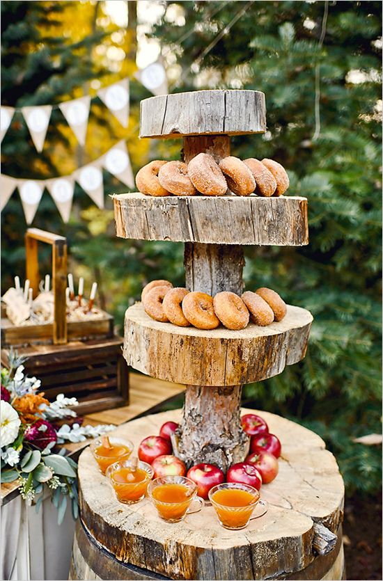 sugared donuts on stump dessert stand