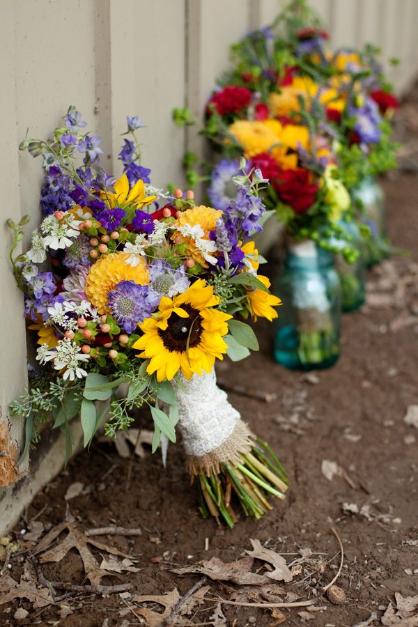 sunflower and wildflowers wedding bouquets