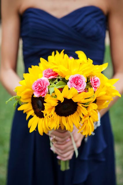 sunflower bridesmaid bouquet and blue bridesmaid dress