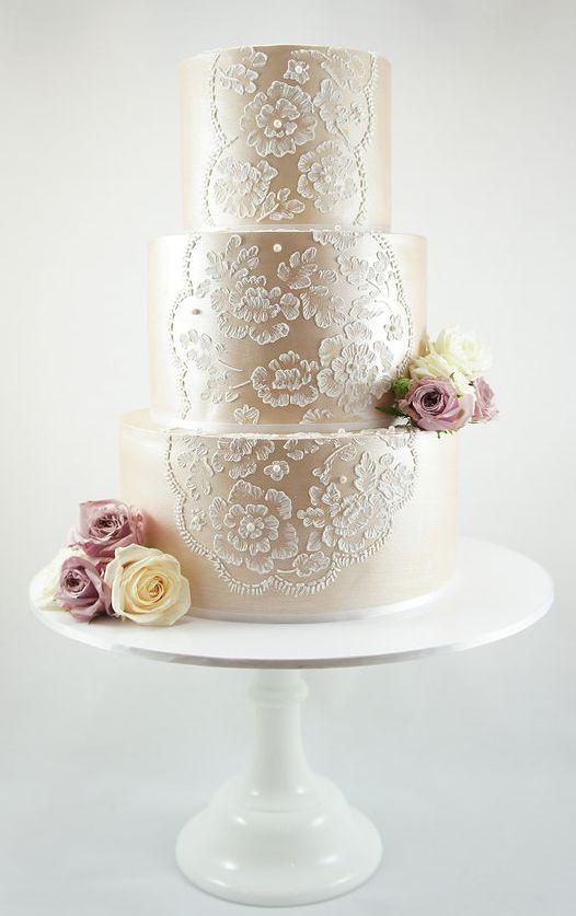 three-Tier Vintage Champagnee Lace Wedding Cake