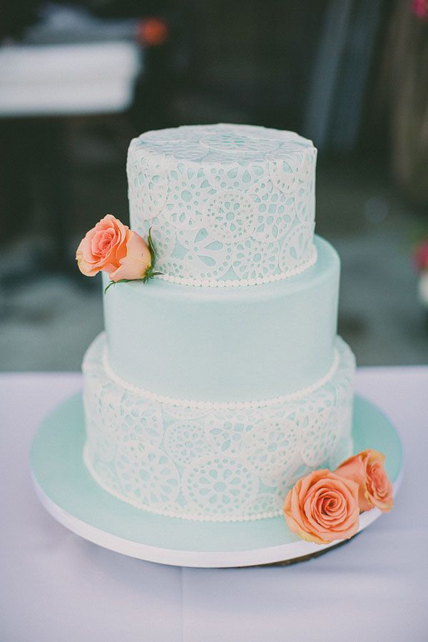 tiffany blue lace wedding cake with coral roses