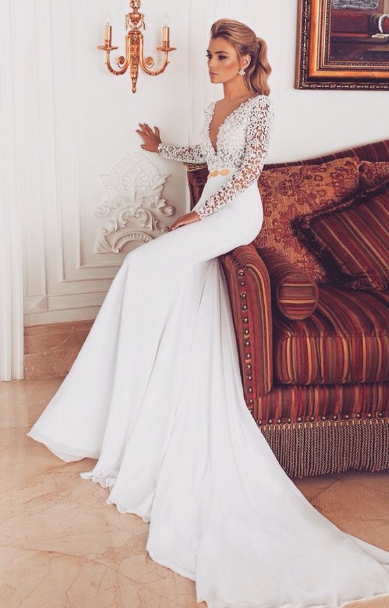 v neck long lace sleeves wedding dress