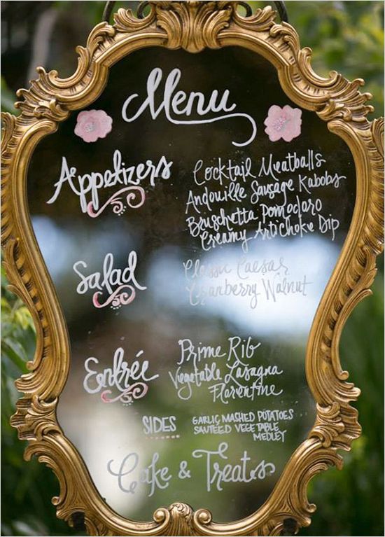 vinatge wedding ideas- menu in the mirror