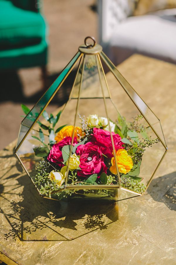 whimsical bohemian wedding ideas-flowers in geometric holders wedding centerpiece