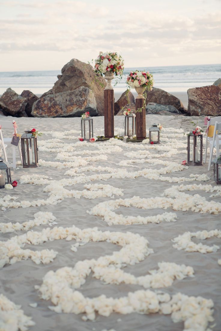 white flower wedding runner, beach wedding aisle and arch