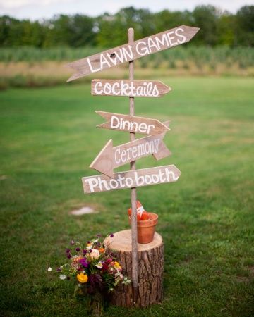 50+ Tree Stumps Wedding Ideas for Rustic Country Weddings 19 wood sign directed guests to various wedding activities