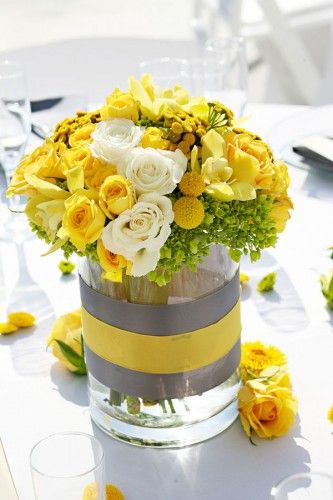 yellow and tray flowers roses billy balls orchids viburnum