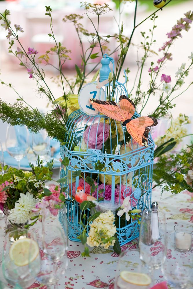 Blue Birdcage and Flowers Centerpiece