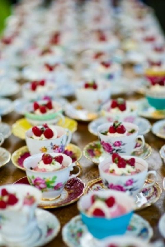 Dessert is served in vintage tea cups