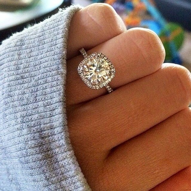 Dream Engagement ring perfection Cushion Cut Halo with a Thin Band with Diamonds on the Band