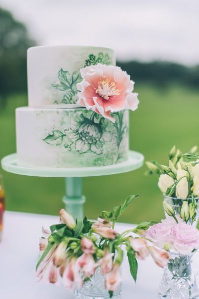 Green WaterColor Wedding Cake with Pink Sugar Flower