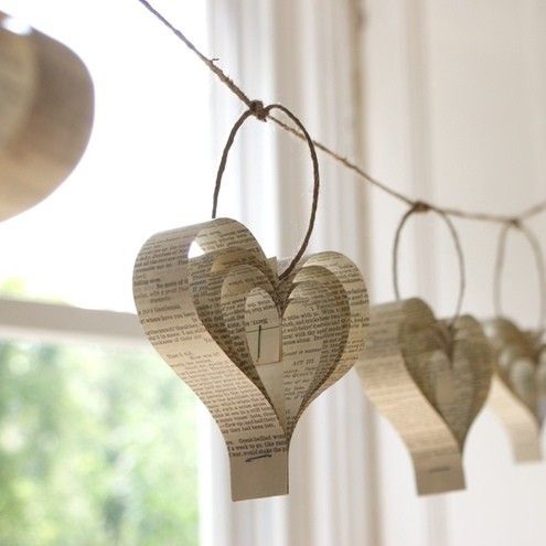 Hanging Hearts Cut strips of paper from books
