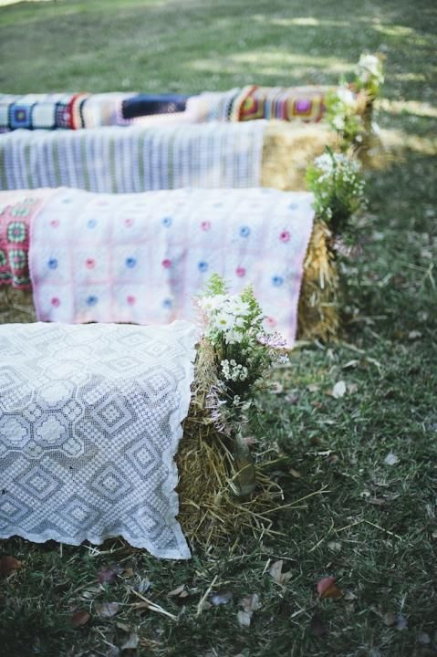 Hay Bales Rustic Country Wedding Seating and Wildflowers Aisle