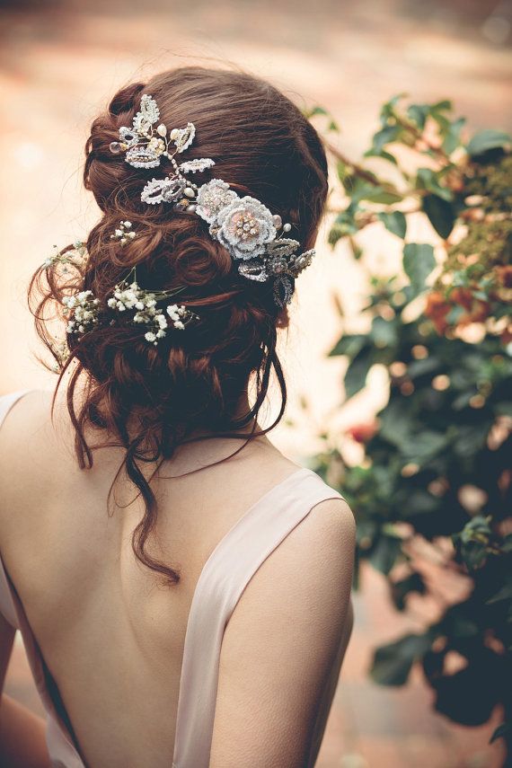 Messy wedding Updo with Bridal Headpiece