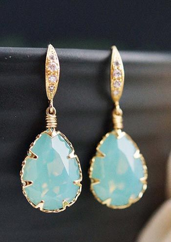 Mint + Gold Pacific Opal Swarovski Crystal Earrings from EarringsNation Mint and gold wedding Bridesmaid gifts Bridesmaid Earrings