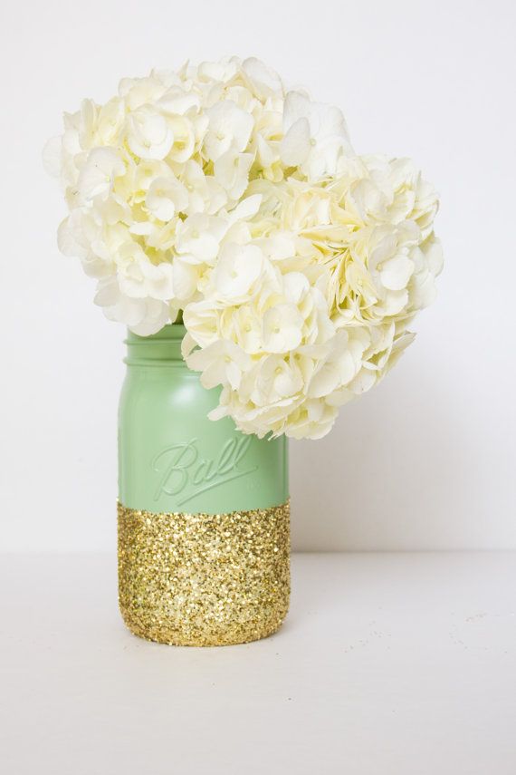 Mint and Gold Glitter Mason Jars Wedding Decors