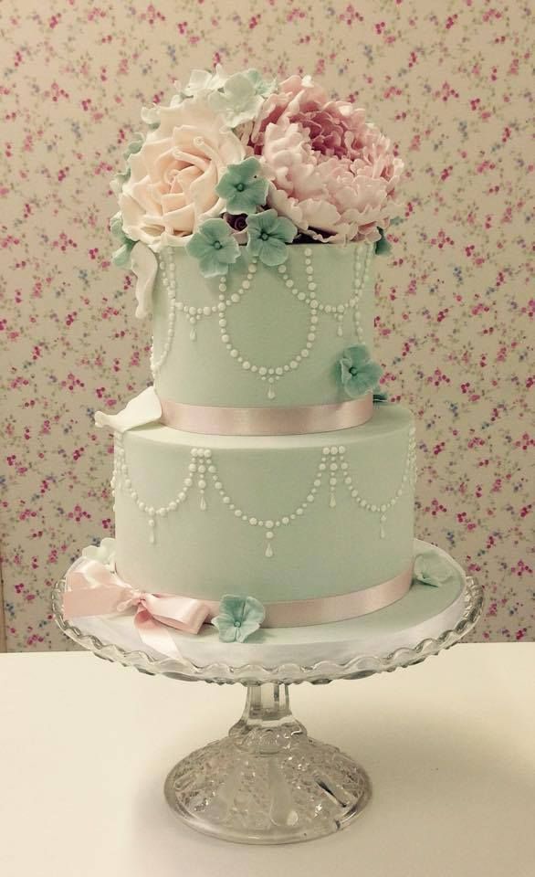 Mint and Peach Wedding Cake with Sugar Flowers