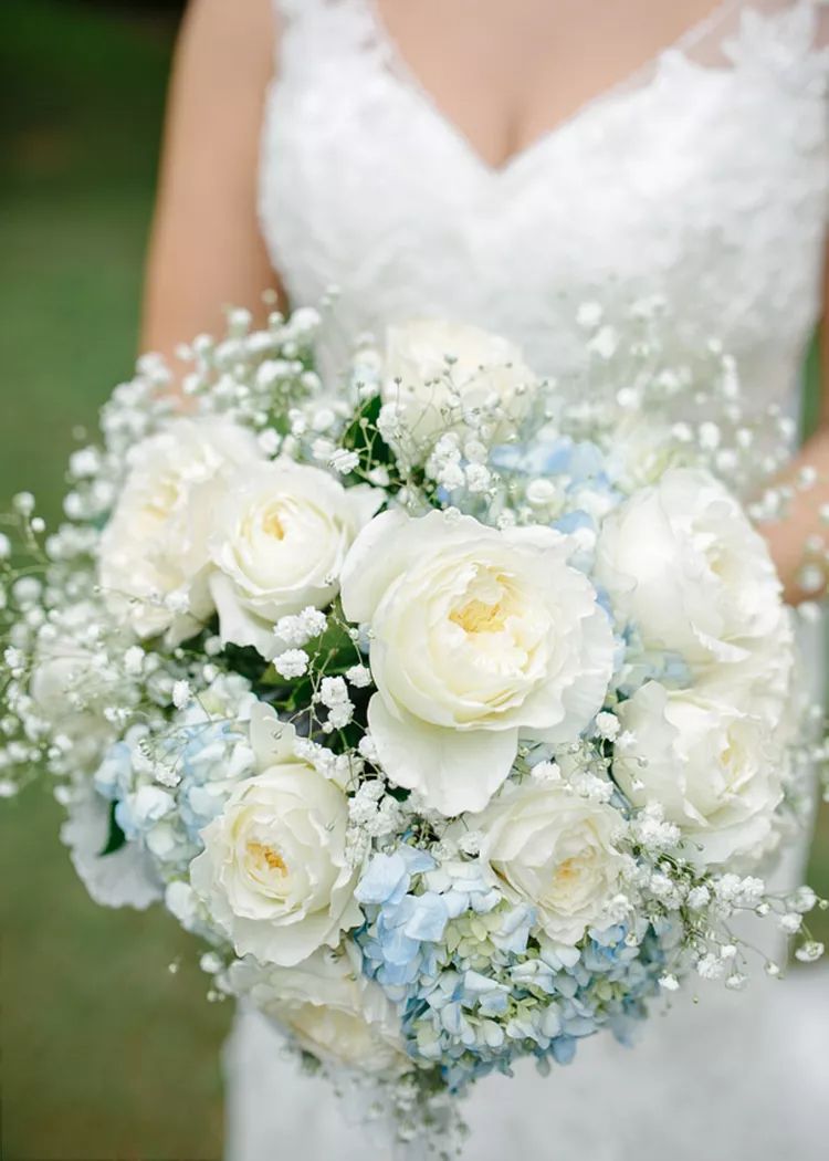 Pastel Blue Hydrangea and White Roses Wedding Bouquet