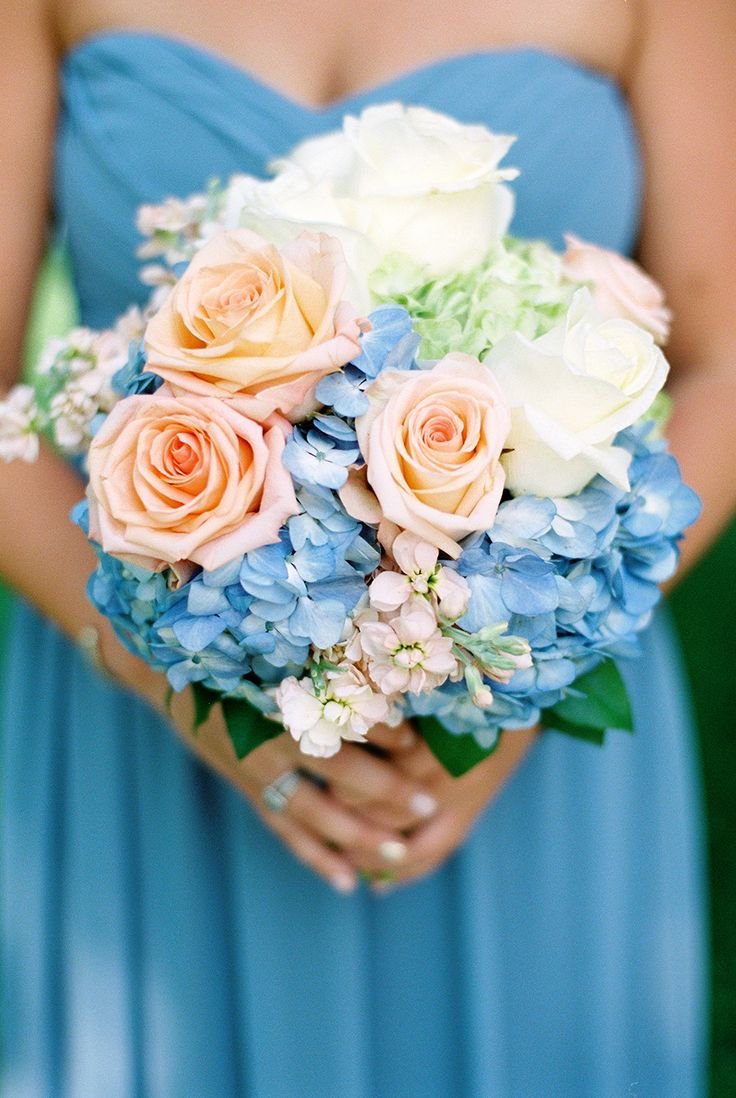 Peach, blue and white bouquet
