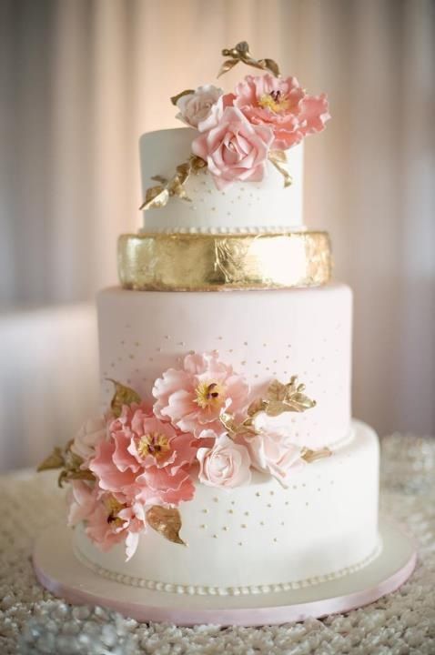 Pink and gold wedding cake