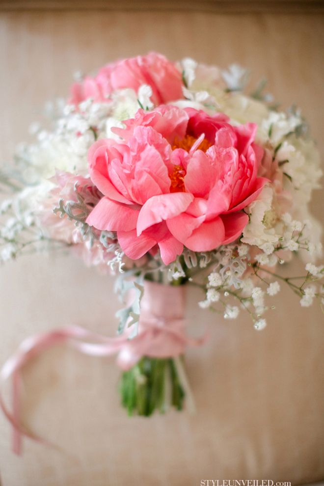 Pink peony and baby's breath bridal bouquet