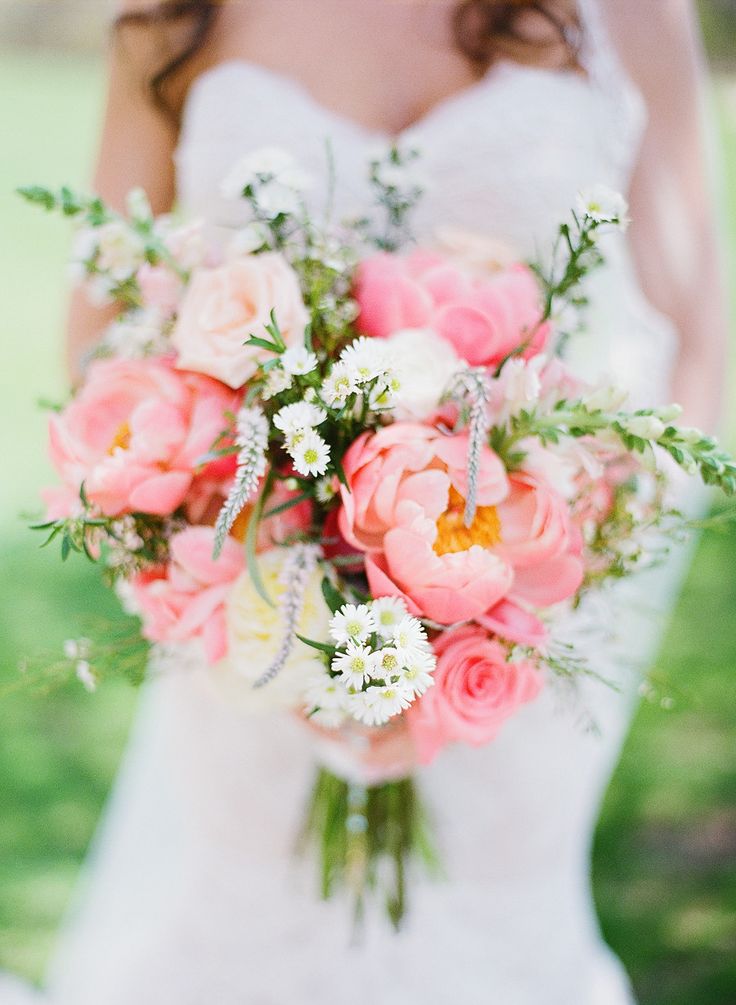 Pink peony wedding bouquet with wildflowers