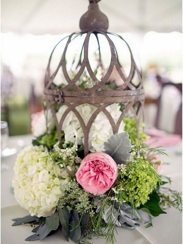 Rustic Birdcage and Hydrangea Wedding Centerpieces