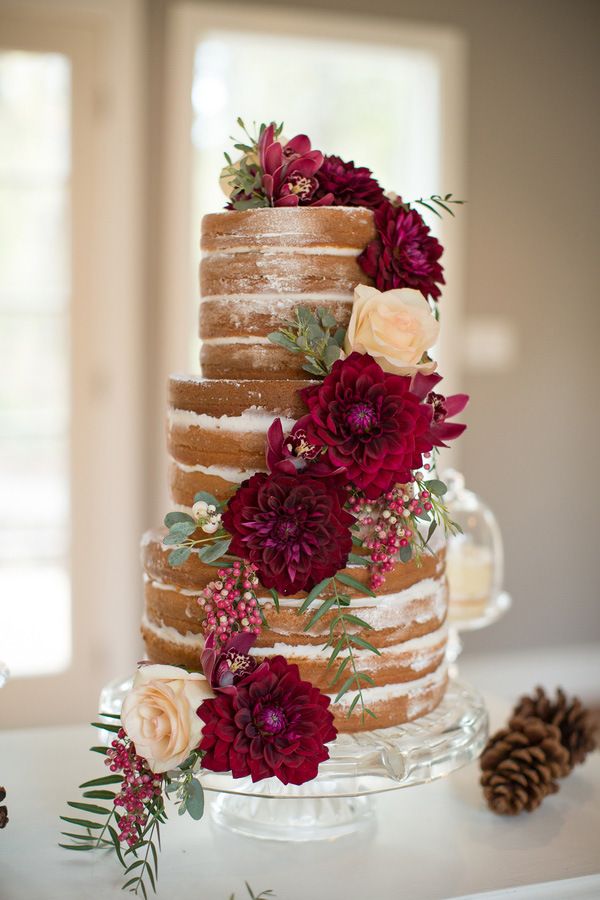 Rustic Naked Cake with Burgundy Dahlias