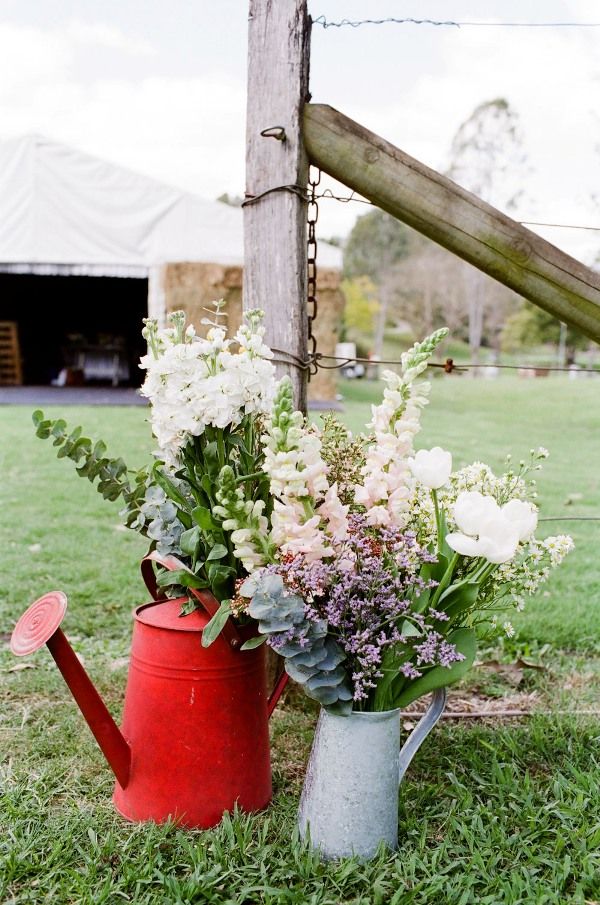 Rustic Pink and White Flowers Watering Cans Wedding Decor Ideas