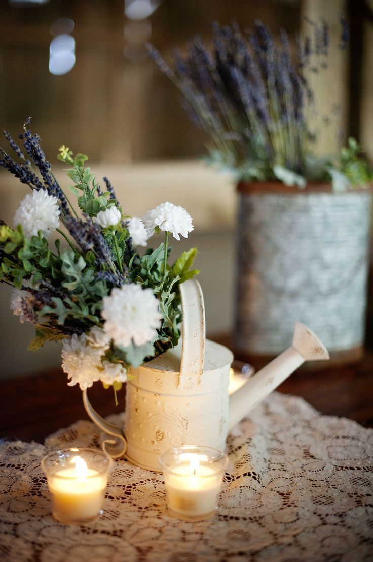 Rustic watering can lace wedding centerpieces