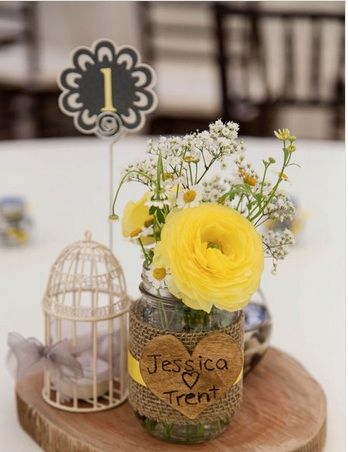Wedding Centerpiece. Yellow, Gray and White. Ranunculus and field daisies. Birdcage, burl and burlap