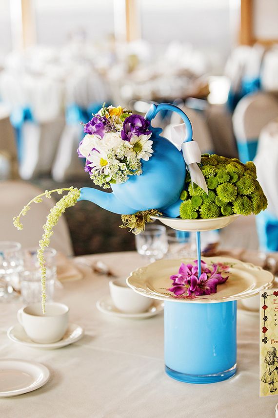 Whimsical blue teapot and flowers wedding ideas