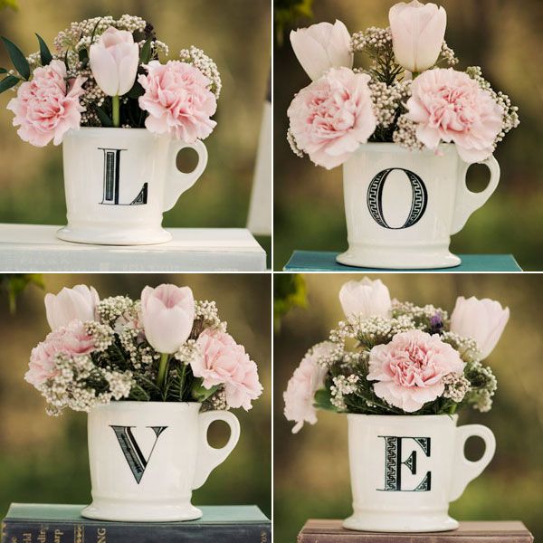 blush pink flowers in tea cups
