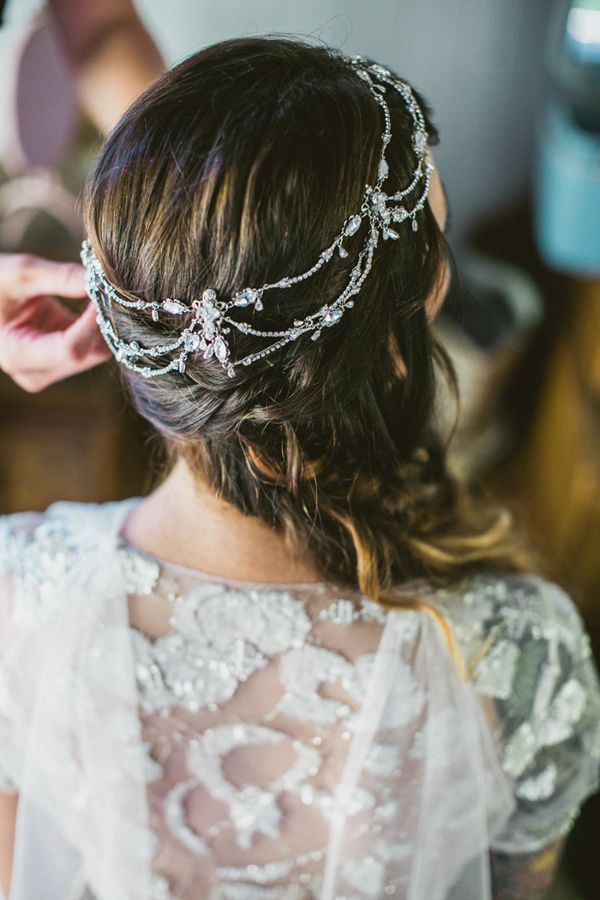 bohemian hair accessory and boho wedding dress