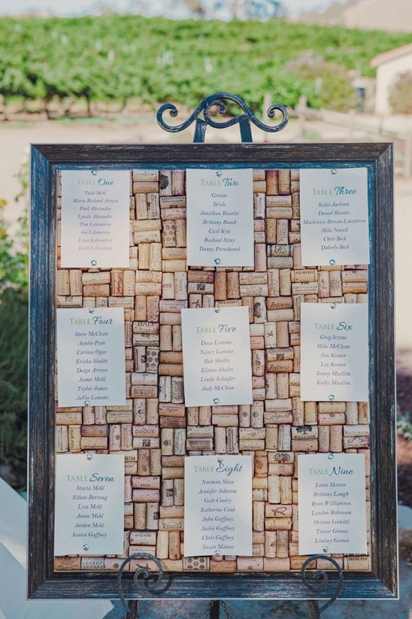 country wedding ideas-Framed wine cork escort display