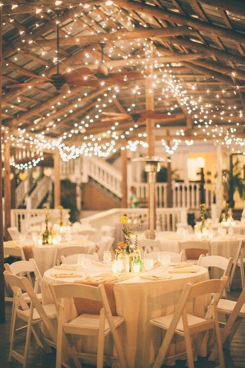 country wedding reception ideas- Burlap for the table runners and Xmas lights all over the pavilion