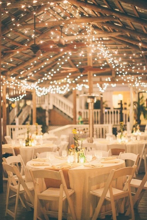 country wedding reception ideas Burlap for the table runners and Xmas lights all over the pavilion