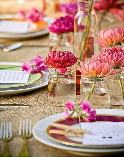 dahlias in jam jars wedding table decor ideas