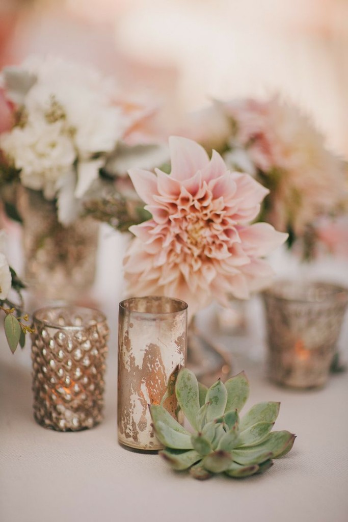 dahlias succulents and mercury glass wedding centerpieces