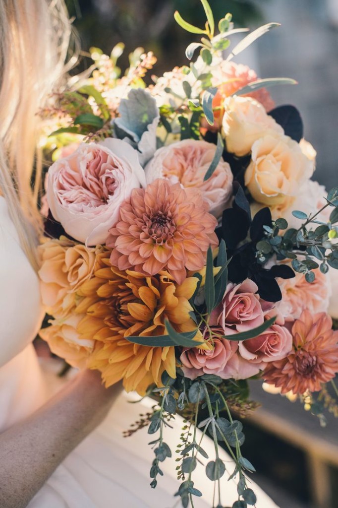 dusty pink roses dahlias wedding bouquet