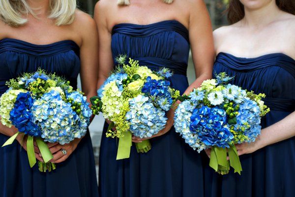 Bright blue bridesmaids bouquets