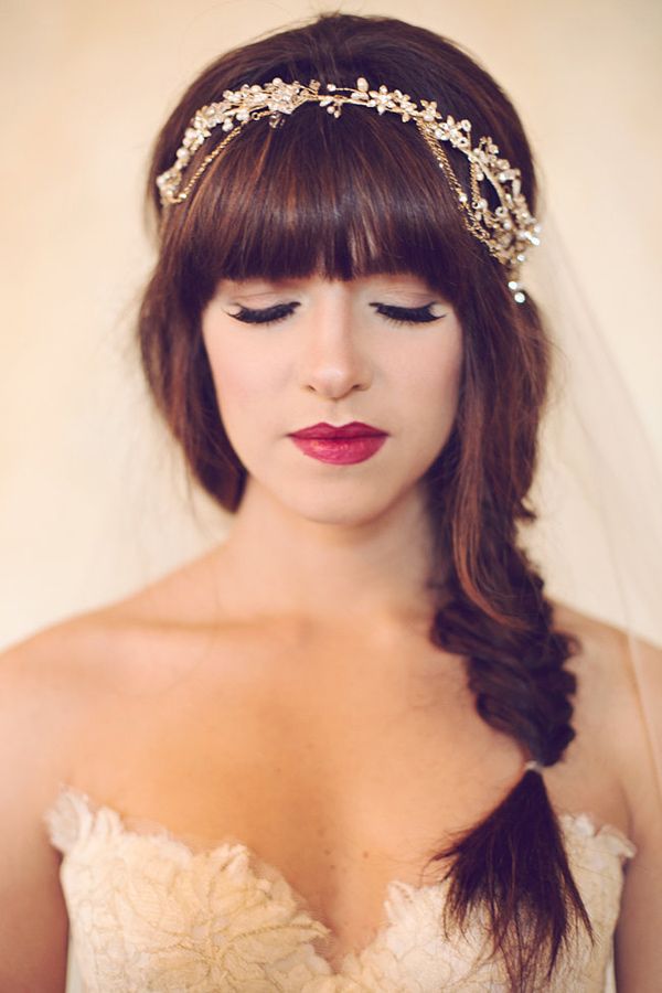 fishtail braid and statement lip with boho wedding headpiece