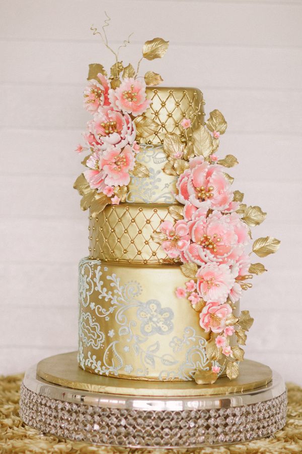 gold and pink lace wedding cake