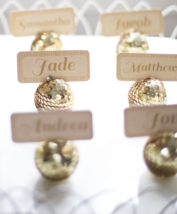 40+ Creative Wedding Escort Cards Ideas 30 gold balls wedding place card holders