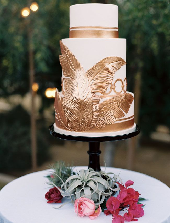 gold palm wedding cake